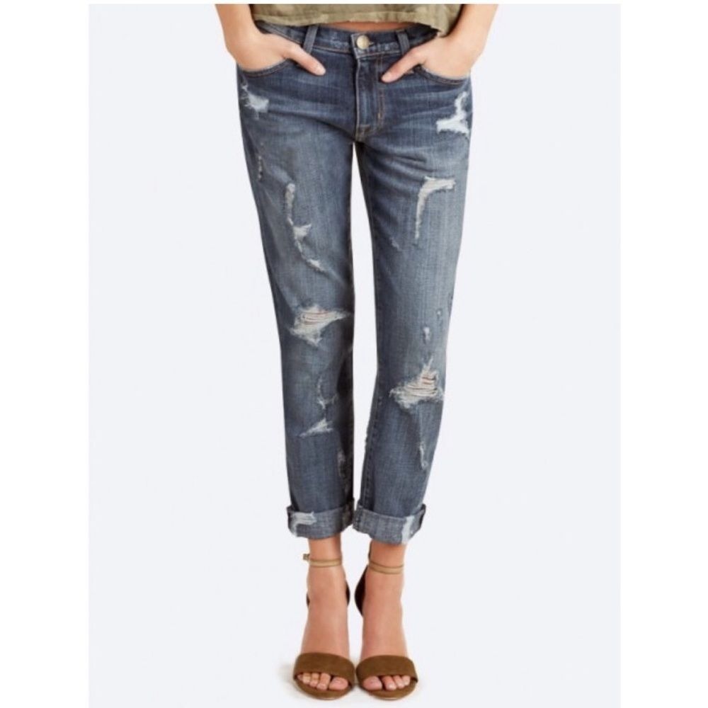 Current Elliott The Fling Jeans Womens 26 Blue Dark Shredded Slim Boyfriend Rip